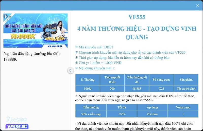 Sự kiện khuyến mãi khi nạp tiền tại VF555